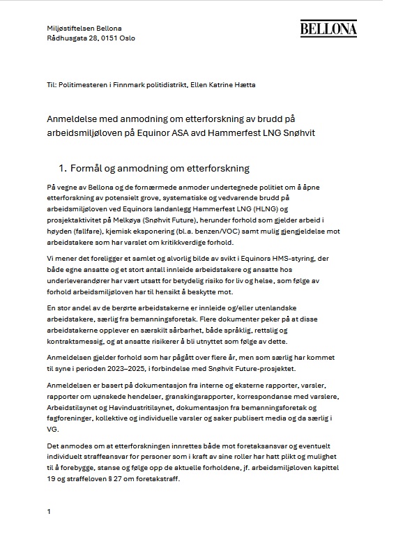 Anmeldelse av Equinor for brudd på arbeidsmiljøloven