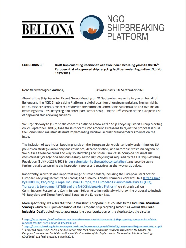 Draft Implementing Decision to add two Indian beaching yards to the 16th European List of approved ship recycling facilities under Regulation (EU) No 1257/2013